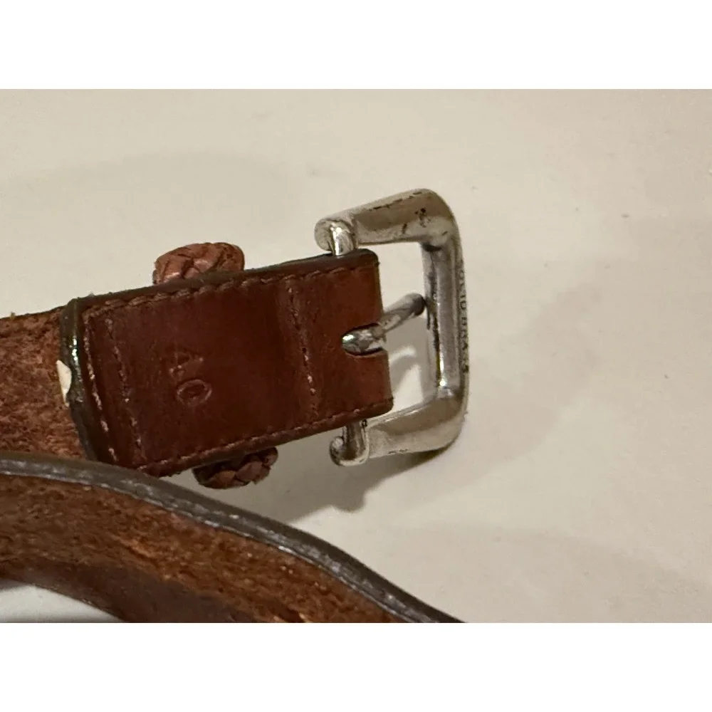 Vintage Men Brown Leather Belt 40 Braided Accent Western Dress Silver Buckle